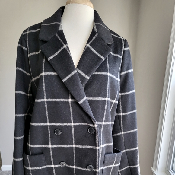 Madewell Black Windowpane Double-Breasted Wool Coat (Size XXL)